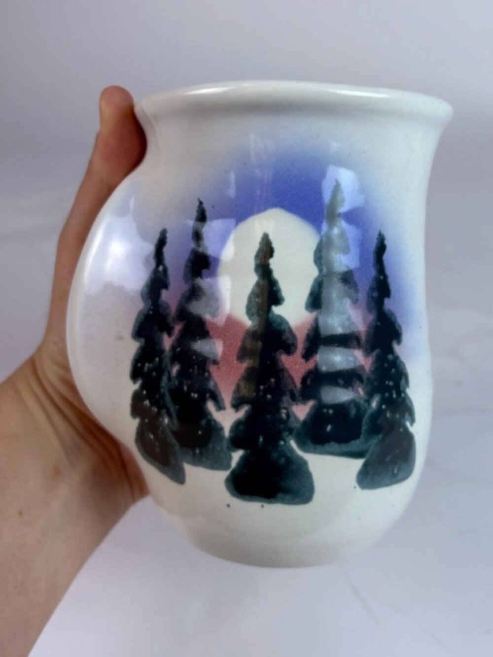 Hand Warming Pottery Mug Signed Hebert  Moonlit Pine Tree Ceramic Coffee Cup